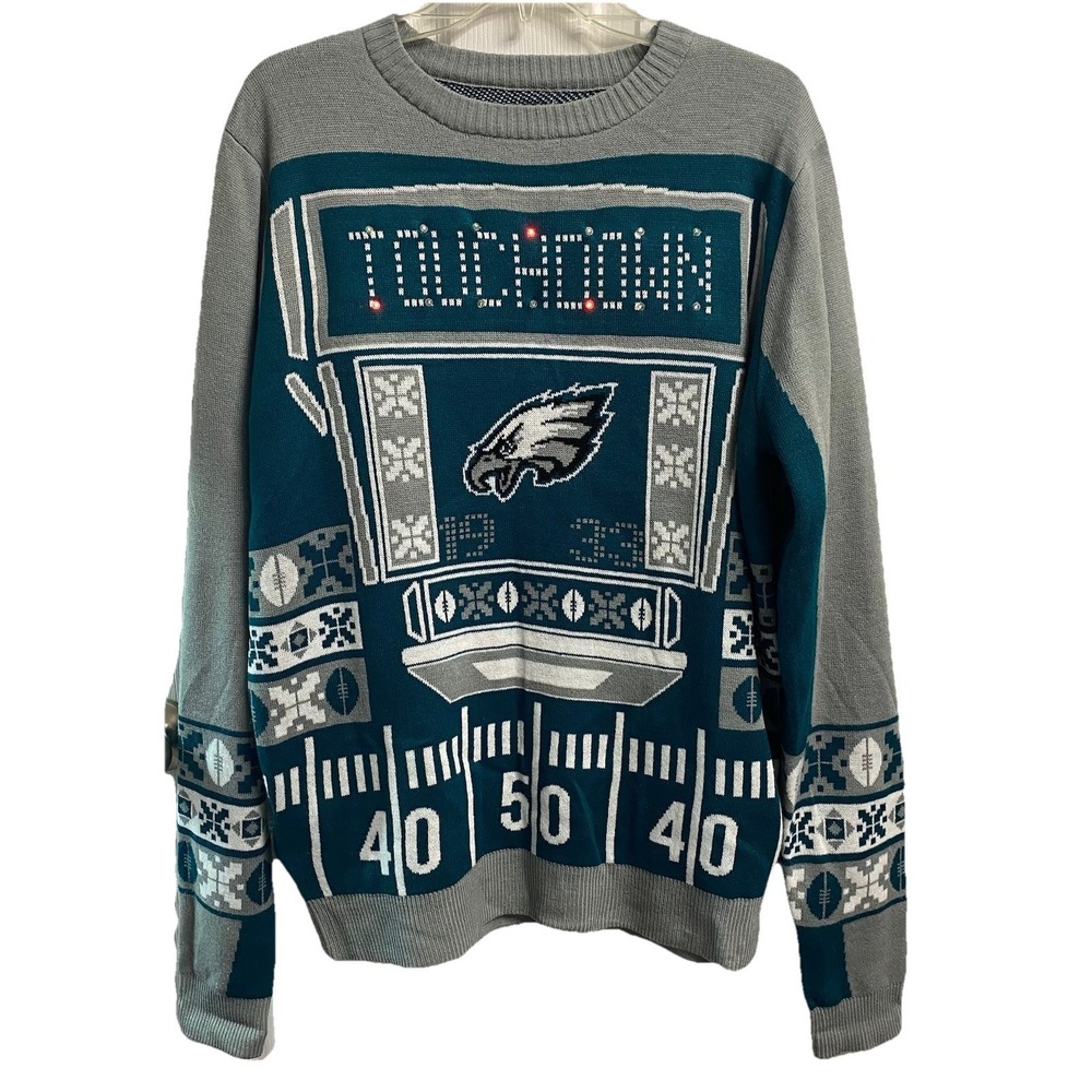 Philadelphia Eagles Men's Ugly Christmas Sweater Lights Up ‎ Green/Gray L-WORKS!